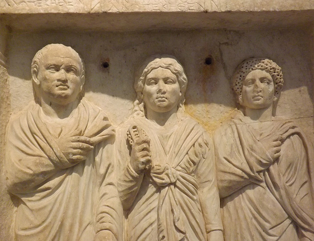 Detail of the Roman Period Grave Stele of Amaryllis and Mousaios in the National Archaeological Museum in Athens, May 2014