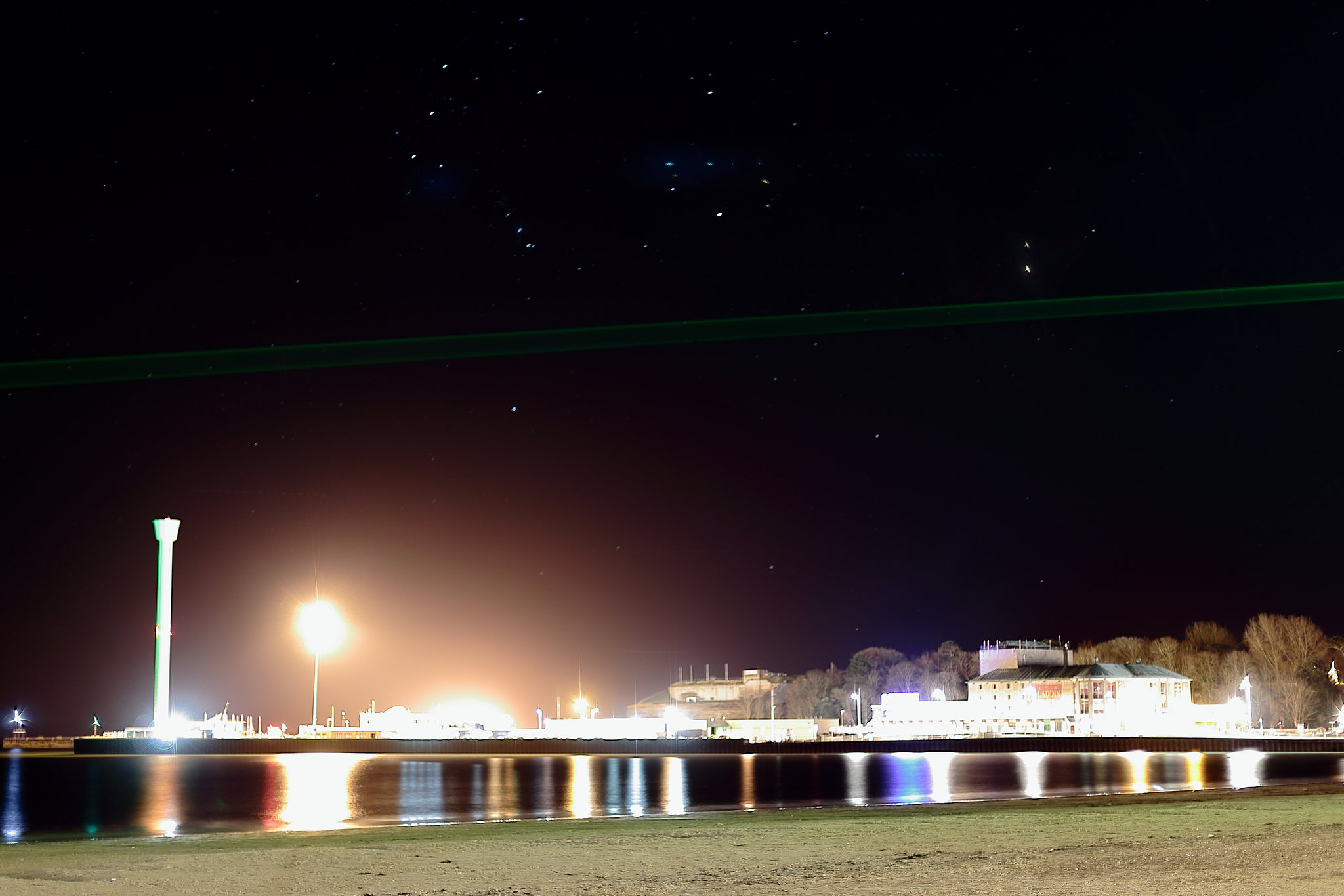 Orion over Weymouth ferry terminal, Nothe Fort and Sea Life tower