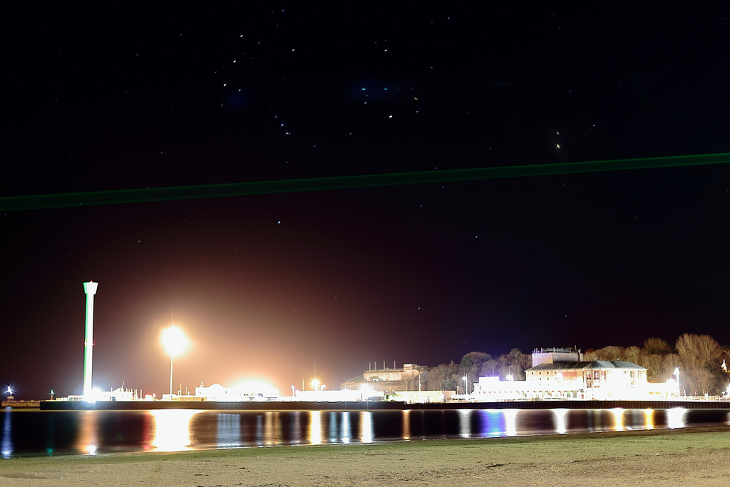 Orion over Weymouth ferry terminal, Nothe Fort and Sea Life tower