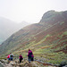 Path leading back down Stickle Ghyll wit Pike Howe to the right (scan from October 1991)