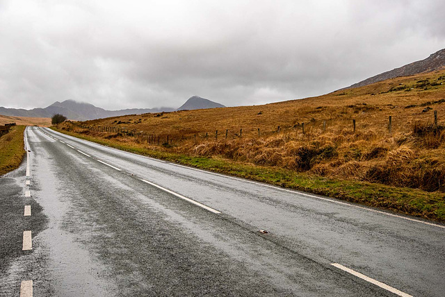 The road to Bedgellert with the snowdon horseshoe in the background