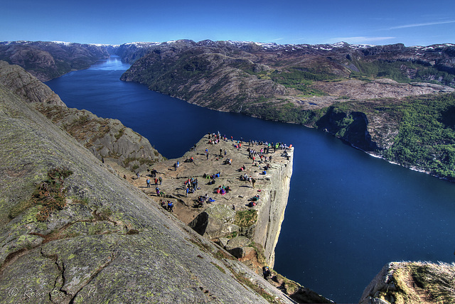 Looking down at Preikestolen and Lysefjorden.