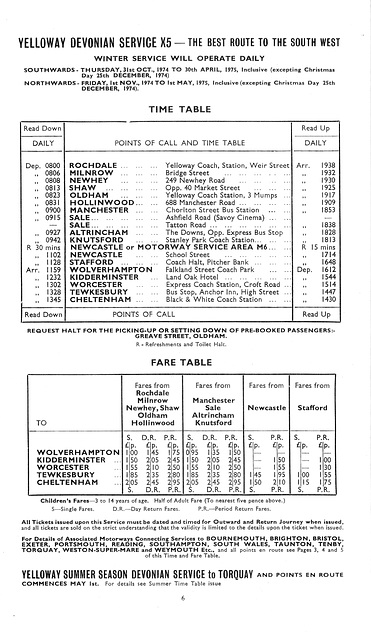 Yelloway Rochdale-Cheltenham winter service timetable 1974/1975