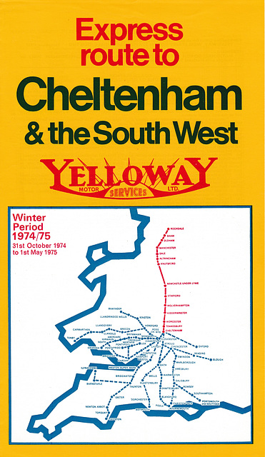 Yelloway Rochdale-Cheltenham winter service timetable leaflet 1974/1975