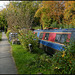 red and blue houseboat