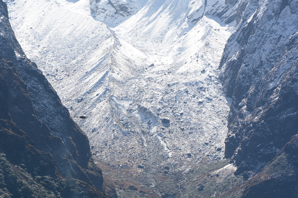 Helicopter on background Moraines of Phungi Glacier