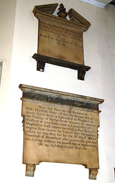 Memorials to John and Mary Cox and Robert Felton, Saint Matthew's Church, Walsall, West Midlands