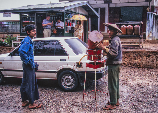 On the road to Maymyo. Gravity fed gasoline station in 1996 AWP 0358