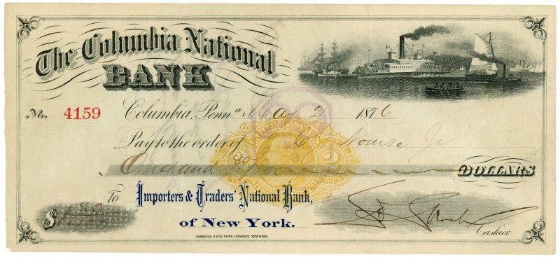Columbia National Bank Check, Columbia, Pa., May 21, 1876