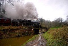 Loco # 5197 leaving Consall and crossing the canal near the Black Lion pub.