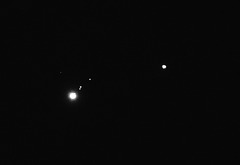 Jupiter, all four Galilean moons, and Mars