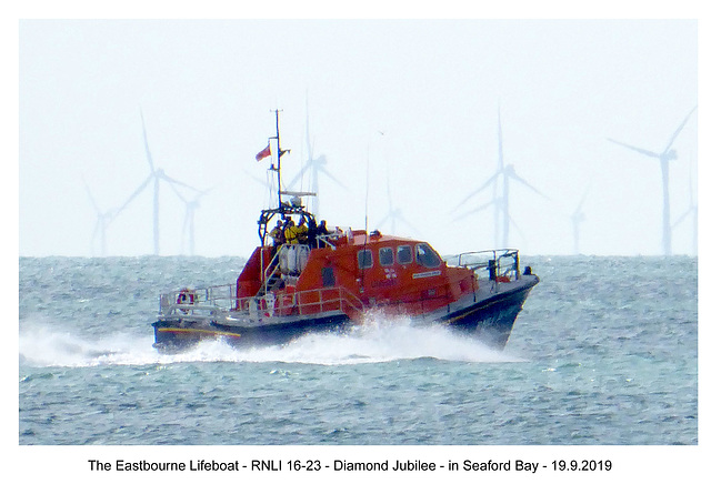 Eastbourne lifeboat, Seaford Bay 19 9 2019 stern quarter view.