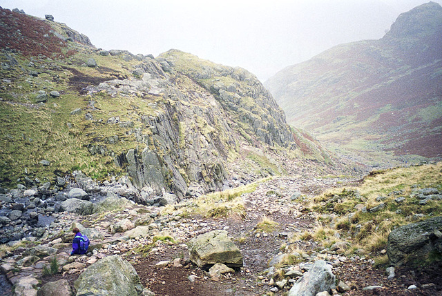 Path back from Stickle Tarn with Tarn Crag to the left (scan from October 1991)