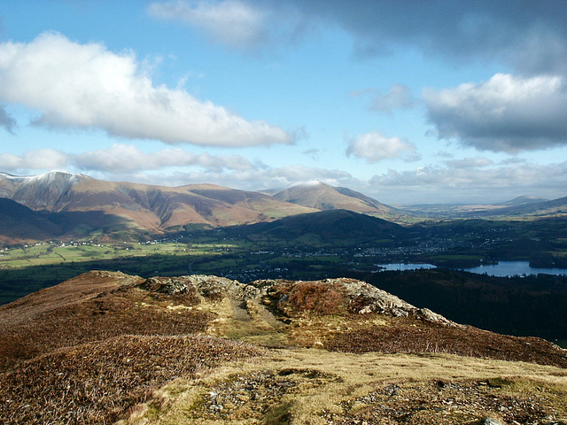 Looking from Barrow over the shaded Derwent Water and Keswick and on to the snow tipped peak of Blencathra.