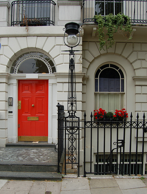 Restored railings, No.6 Fitzroy Square, Camden, London, and door to No.7