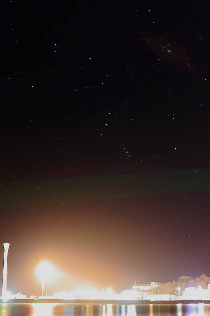 Orion over Weymouth ferry terminal, Nothe Fort and Sea Life tower