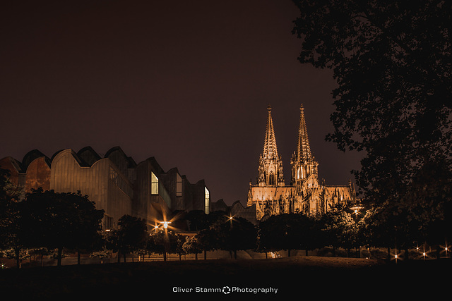 The Cologne Cathedral, the Philharmonic Hall and the Ludwig Museum at night