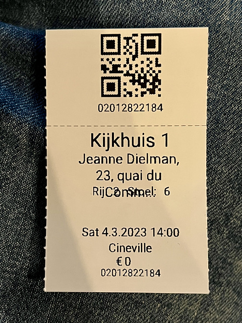 Ticket for Jeanne Dielman, 23 Quay de Commerce, 1080 Bruxelles