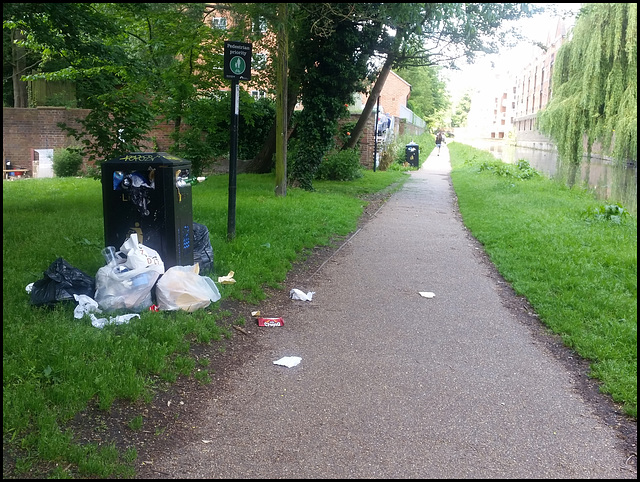 overflowing canalside bin