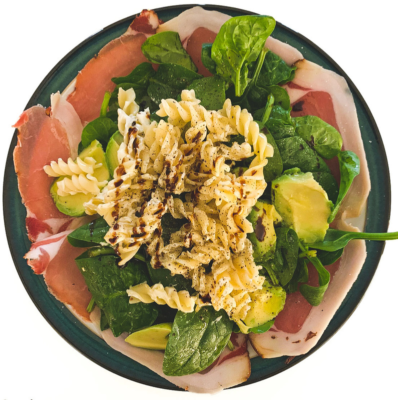 German smoked ham, avocado, spinach and fusili.