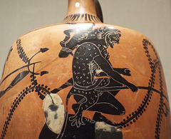 Detail of a Terracotta Lekythos with Poseidon, Herakles, and Hermes Fishing in the Metropolitan Museum of Art, April 2017