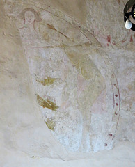 belchamp walter church, essex,c14 mural c.1330 of seven deadly sins, the dragons sprouting from the central figure of ?pride. the right hand ?skeletal figure might be death, the dragons seem to be eating the figures of sins in the usual way.