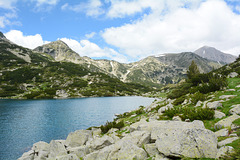 Bulgaria, Pirin Mountains, The Fish Lake, Mt. Muratov Vrah (2669 m) - left and Mt. Vihren (2914 m) - right