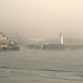 Early morning fog shrouds Scarborough Harbour