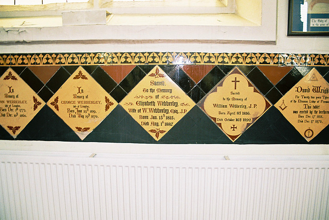 Detail of Tile Memorials to Webberley Family, Saint James, Longton, Stoke on Trent, Staffordshire
