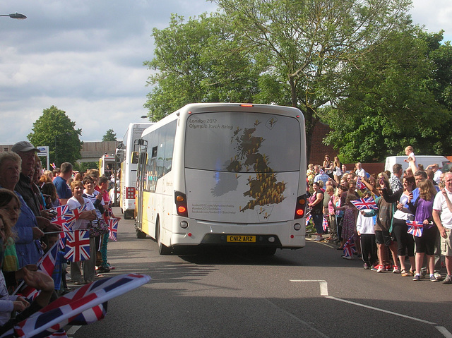 Stagecoach Red & White 43006 (CN12 ARZ) in the Olympic Torch Relay in Bury St. Edmunds - 7 Jul 2012 (DSCN8407) (See inset photo)