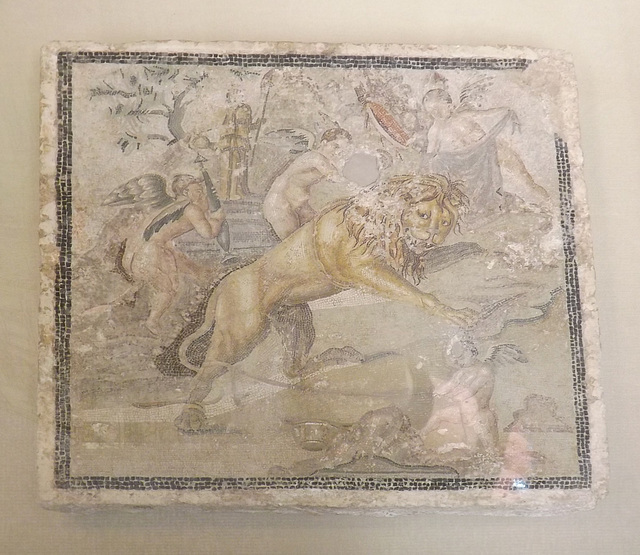 Lion Taunted and Bound by Cupids Mosaic Pavement in the British Museum, May 2014