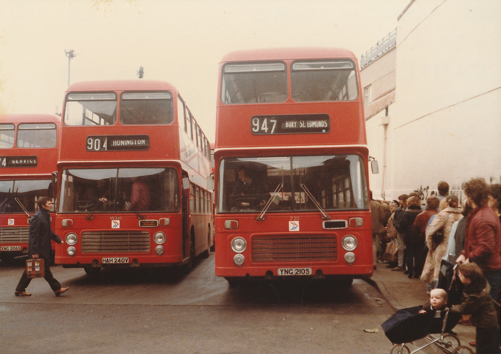 Bury St. Edmunds bus station ECOC VR206 and VR240 plus Cambus 720 (ex ECOC VR210) - March 1985