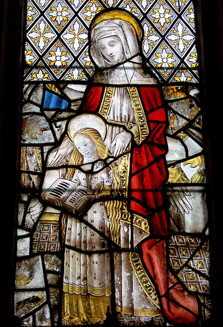 Detail of reset stained glass, Blore Church, Staffordshire