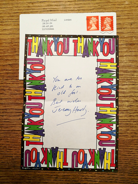 Thank-you note from Jeremy Hardy