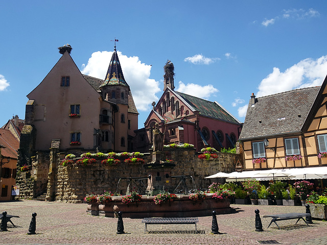 Burg mit St.-Leo-Kapelle, und Stadtbrunnen in Eguisheim