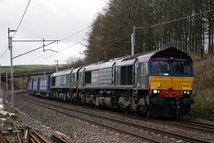 66305+66424 at Beckfoot on 4S43 Daventry to Mossend 23rd April 2013