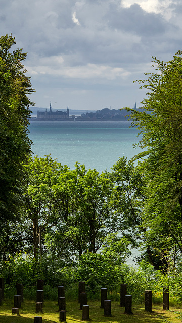 View of the Kronborg Castle in Helsingør, Denmark from Sofiero Palace (Sofiero Slott), Helsingborg, Sweden