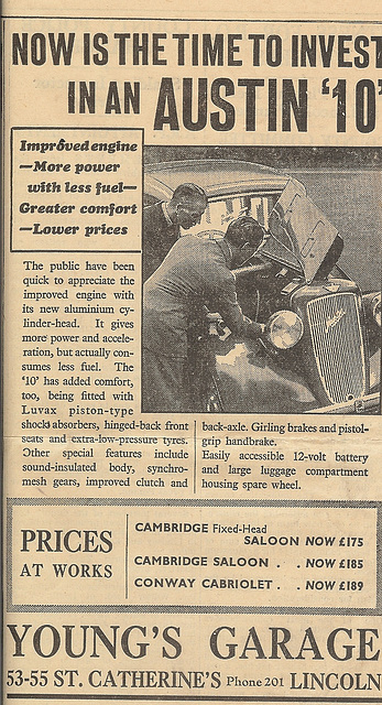 "Lincolnshire Echo" feature on the new Young's Garage, 53-55 St Catherine's, Lincoln, 23 Feb. 1939: accompanying advertising