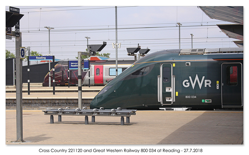 X Country 221120 & GWR 800034 at Reading - 27.7.2018