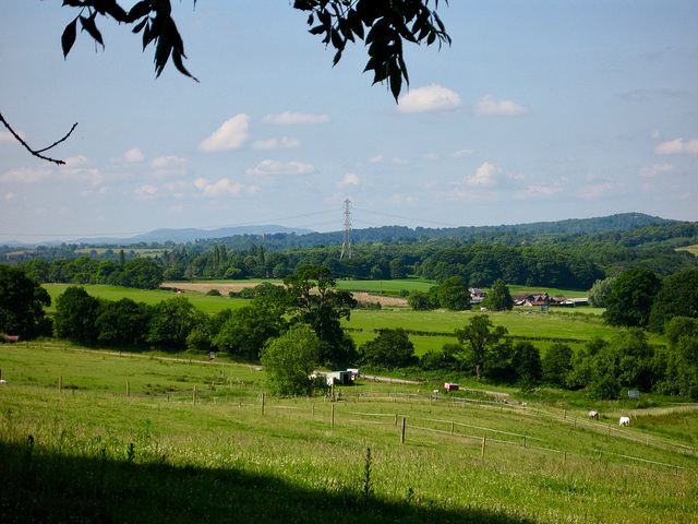 Looking westward from Ridgehill Wood over Ashwoodfield House Farm and on to the Clee Hills