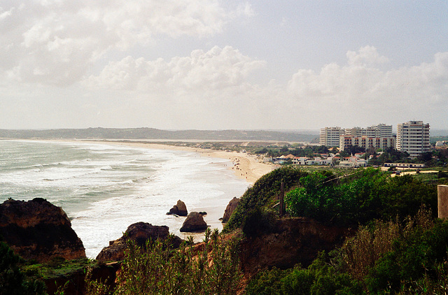 Looking westward along the Alvor beach towards Lagos from the cliffs near the Hotel Alvor (scan from 2000)