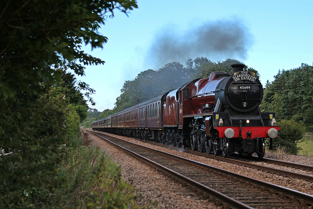 LMS class 6P Jubilee 45699 GALATEA at Meads Lane Crossing with 1Z27 Scarborough - Carnforth steam as far as York The Scarborough Spa Express 3rd August 2017.