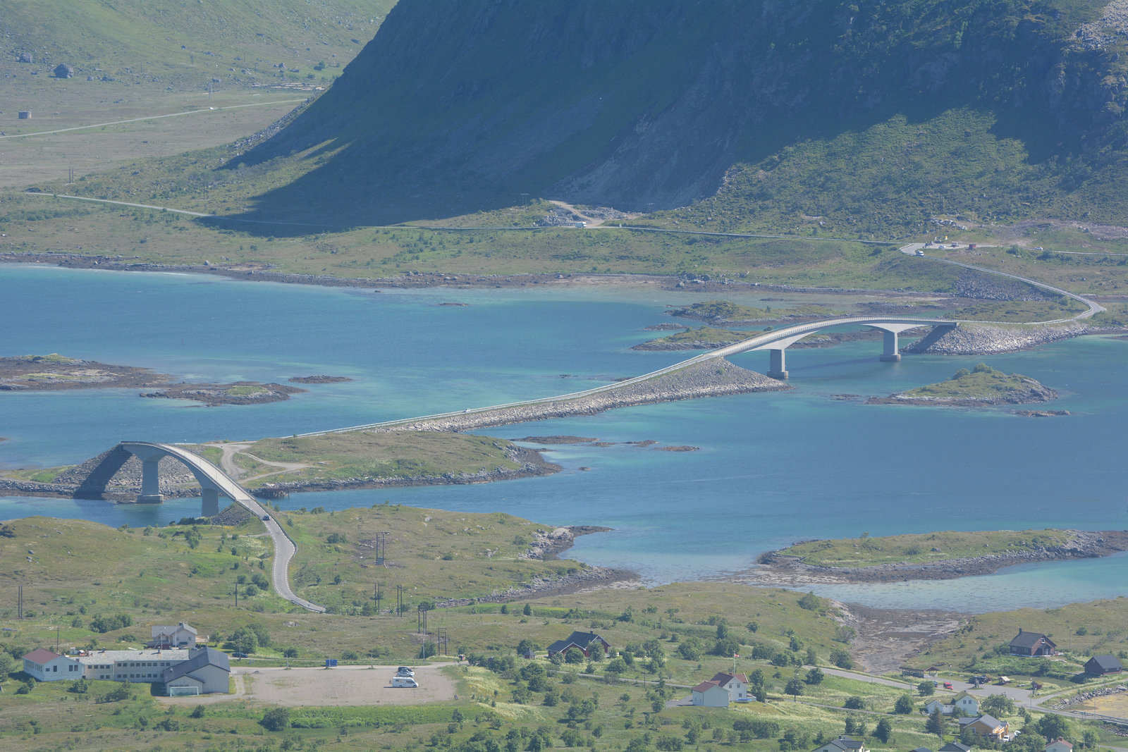 Norway, Lofoten Islands, Two Bridges (or Twin Bridge) on the Way to the Ytresand Beach