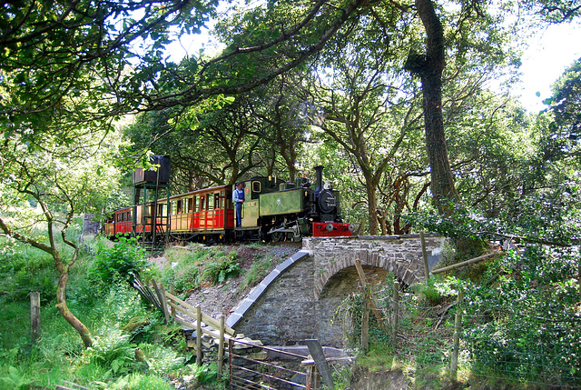 Tal y Llyn locomotive 'Tom Rolt' passes a bridge and two fences.