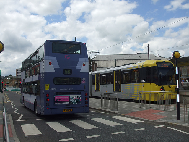 DSCF0484 First Manchester YJ51 RCZ and Metrolink tram set 3080 in Rochdale - 4 Jul 2015