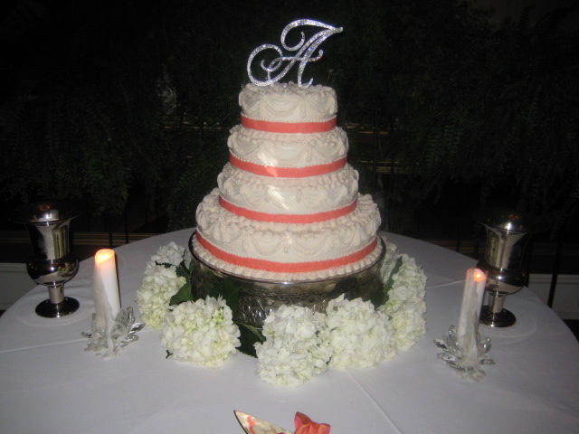 Sarah's Cakes ~~  4 tier Wedding Cake featuring Groom's initial and silk ribbon