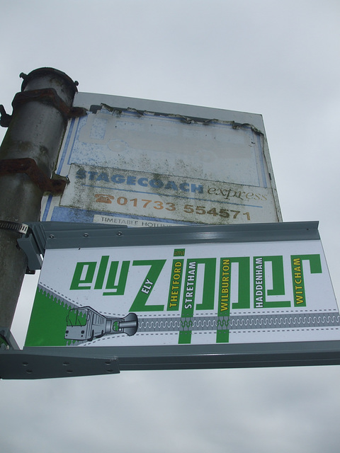 DSCF8877 'Ely Zipper' bus stop sign in Wilburton - 16 Apr 2015