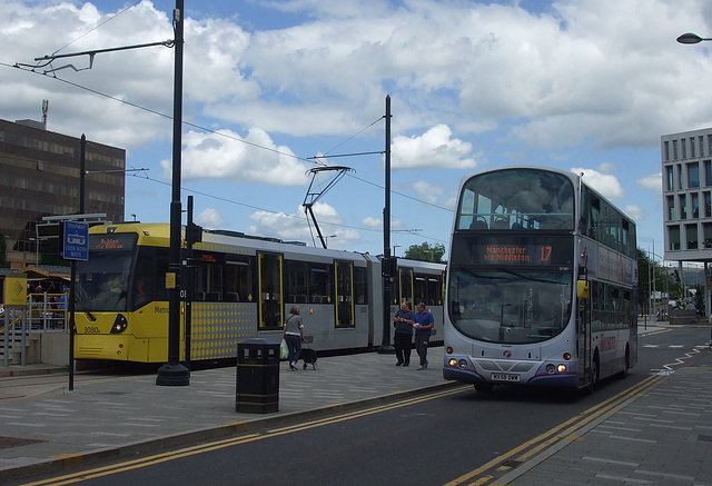 DSCF0486 First Manchester MX58 DWM and Metrolink tram set 3080 in Rochdale - 4 Jul 2015 DSCF0486 First Manchester MX58 DWM and Metrolink tram set 3080 in Rochdale - 4 Jul 2015