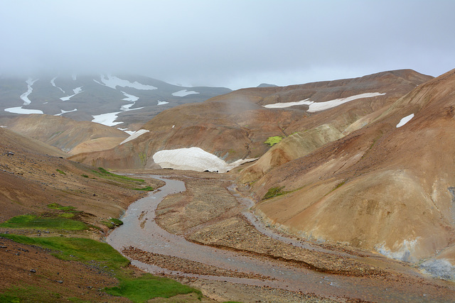 Iceland, Dark Green and Light Green Spots in the Valley of Kerlingarfjöll