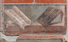 Detail of a Still Life Fragment with a Vase, Scroll, Landscape and Fruit Fresco from Herculaneum at ISAW, May 2022